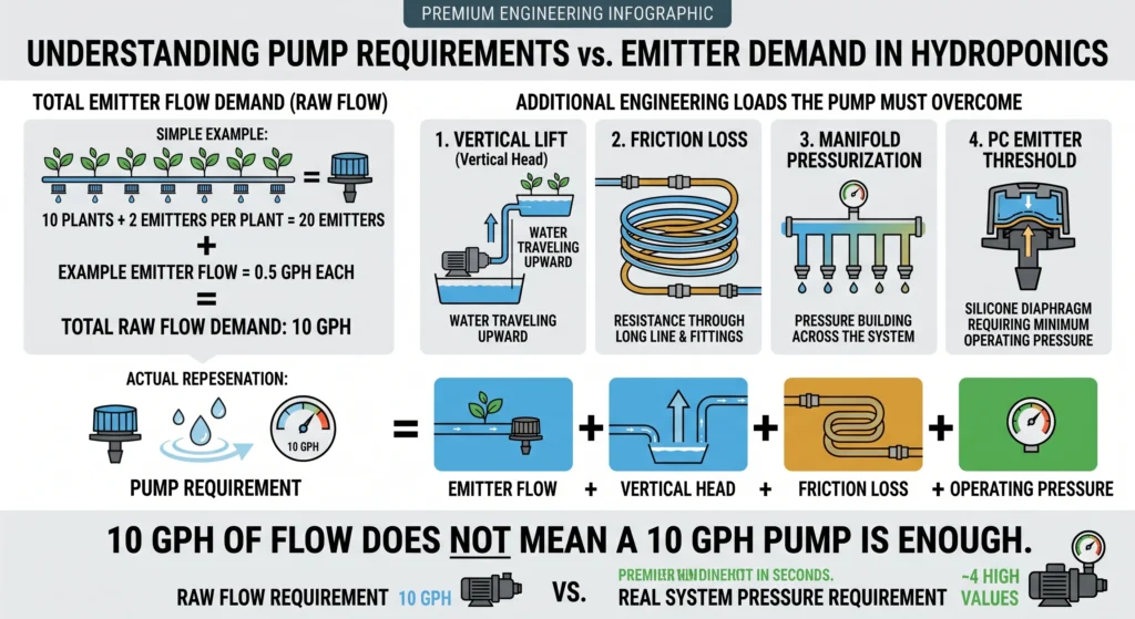 Technical infographic showing how a hydroponic drip system with ten 1 GPH emitters has only 10 GPH flow demand but still requires a high-head pump to overcome lift, friction, and emitter pressure thresholds.