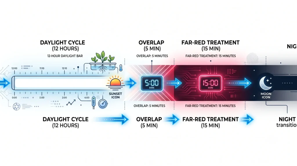 Timeline infographic showing a 12-hour main lighting cycle with a supplemental 730 nm far-red LED running from five minutes before lights off until ten minutes into the dark period.