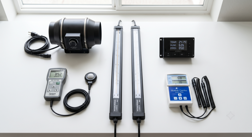 Professional equipment including PAR meter, waterproof LED bars, inline fan and hydroponic monitoring tools.