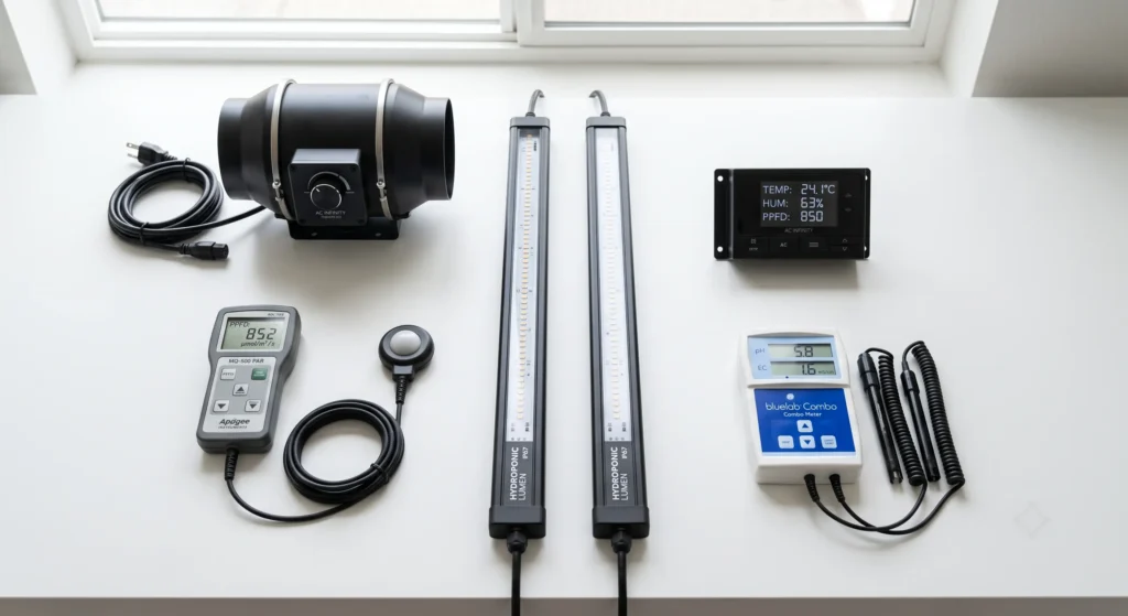 Professional equipment including PAR meter, waterproof LED bars, inline fan and hydroponic monitoring tools.