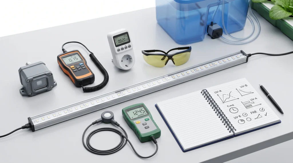 Professional hydroponic lighting workstation displaying a UV-A sensor, UV-B radiometer, programmable digital timer, UV-blocking safety glasses, and supplemental UV LED fixtures used for accurate UV monitoring and safe operation.