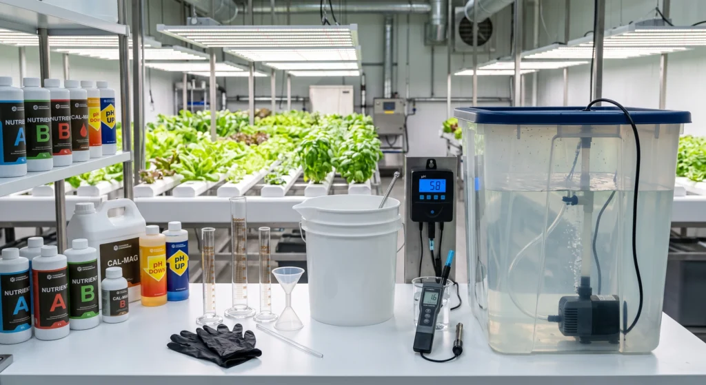 Professional hydroponic nutrient mixing station with circulation pump, digital pH meter, EC meter, dosing containers, measuring cylinder, and clean nutrient reservoir.