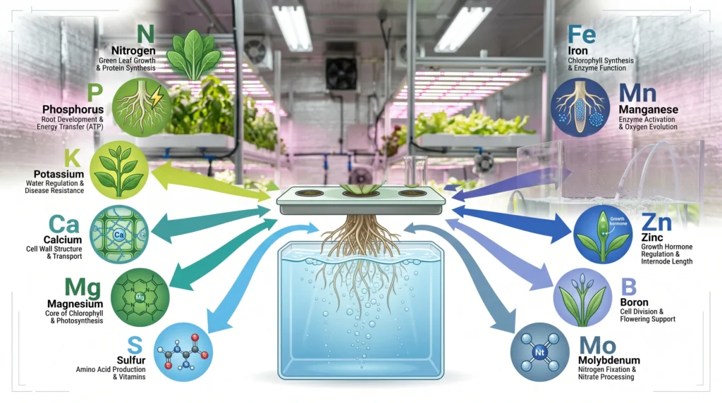 Educational infographic showing the essential macronutrients and micronutrients required for hydroponic plant growth, including nitrogen, phosphorus, potassium, calcium, magnesium, sulfur, iron, manganese, zinc, boron, copper, and molybdenum.