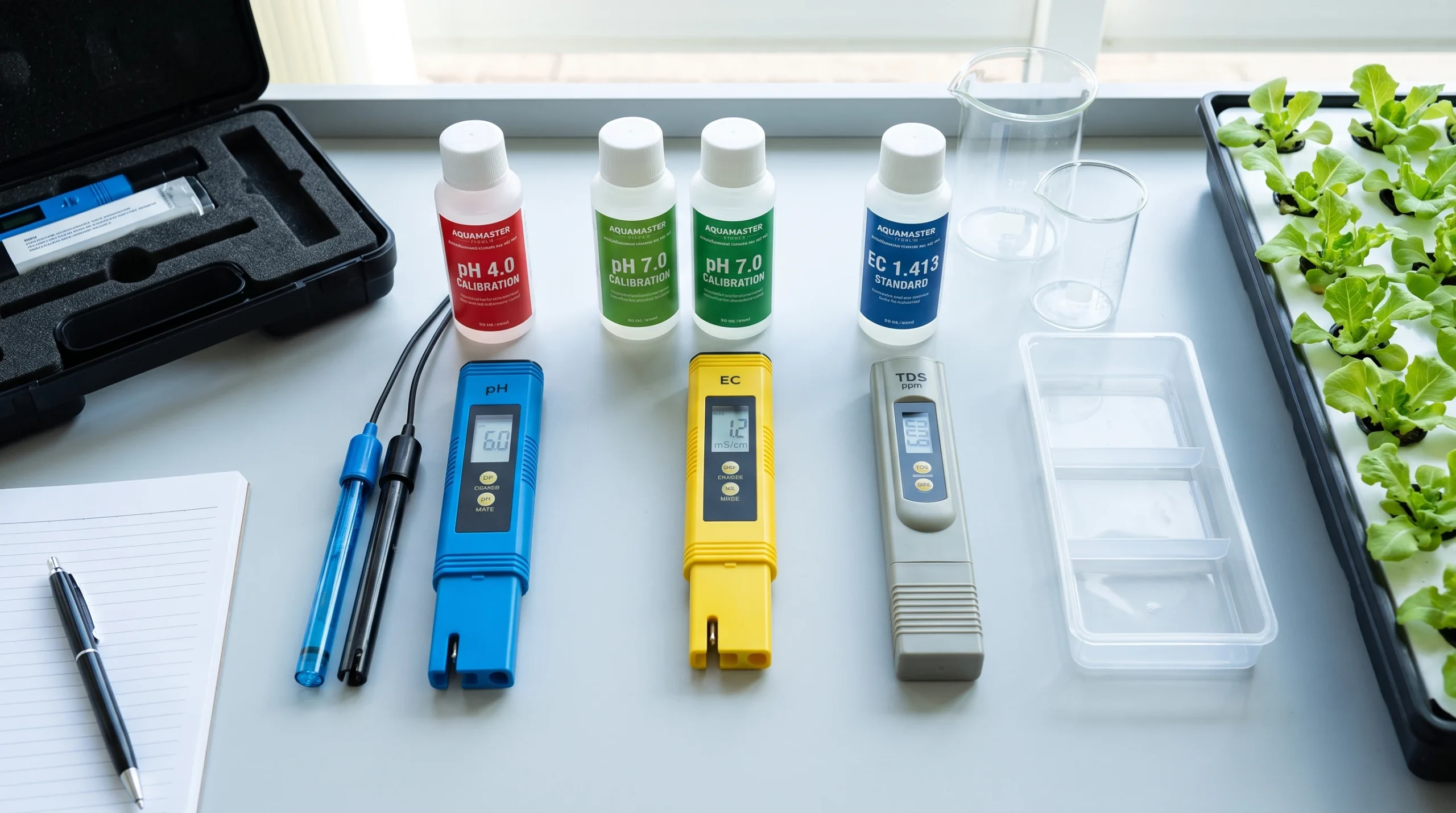 Hydroponic water testing equipment including EC meter, pH meter, TDS meter, calibration solutions, and water sample containers.