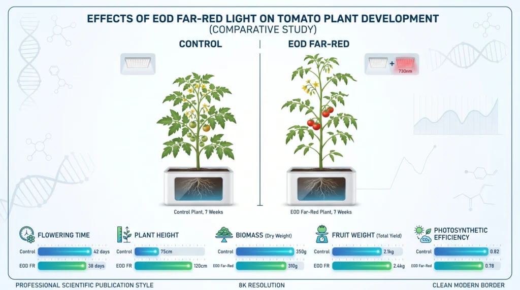 Scientific comparison infographic showing earlier flowering, increased biomass, improved photosynthetic efficiency, and greater internode spacing in hydroponic plants receiving end-of-day far-red lighting.