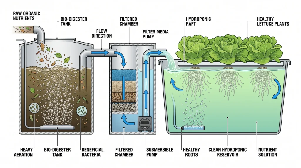 Engineering diagram of an external bio-digester connected to a Deep Water Culture hydroponic system, showing microbial mineralization before nutrients enter the plant reservoir.