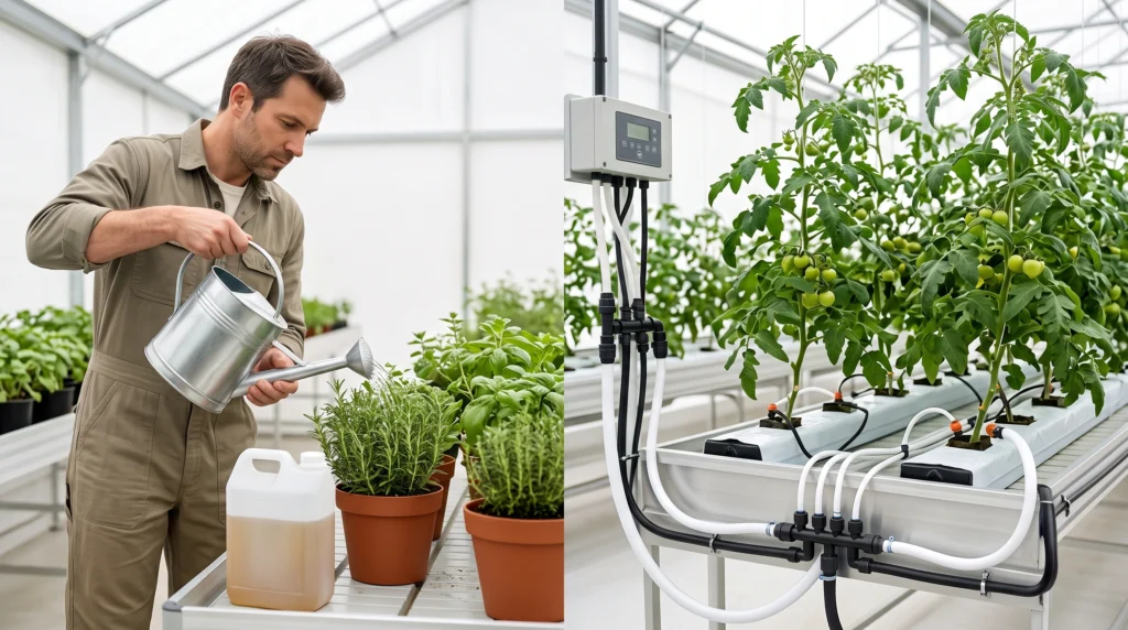 Fertigation Controllers for Home Growers: From Simple Timers to Smart Dosers 1 A clean side-by-side visual showing manual hand-feeding versus automated drip fertigation.