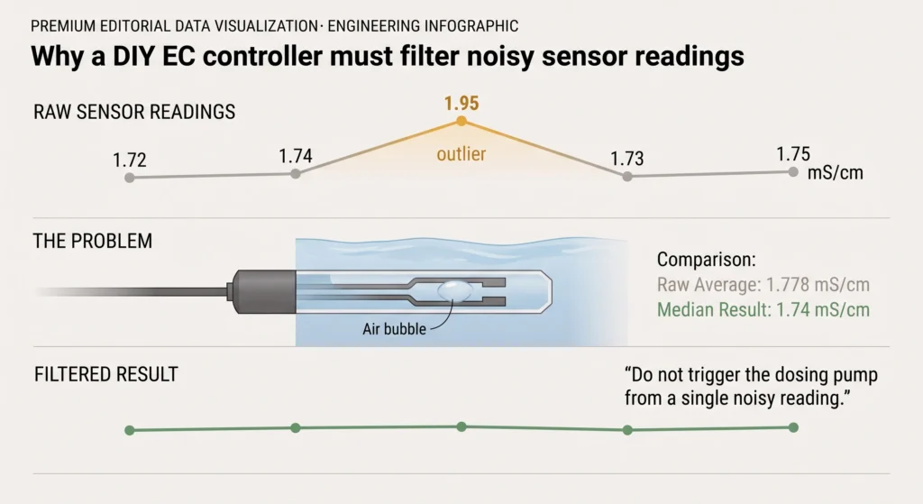 Data visualization showing noisy raw EC readings with an outlier compared with a stable median-filtered EC reading used by the nutrient dosing controller.