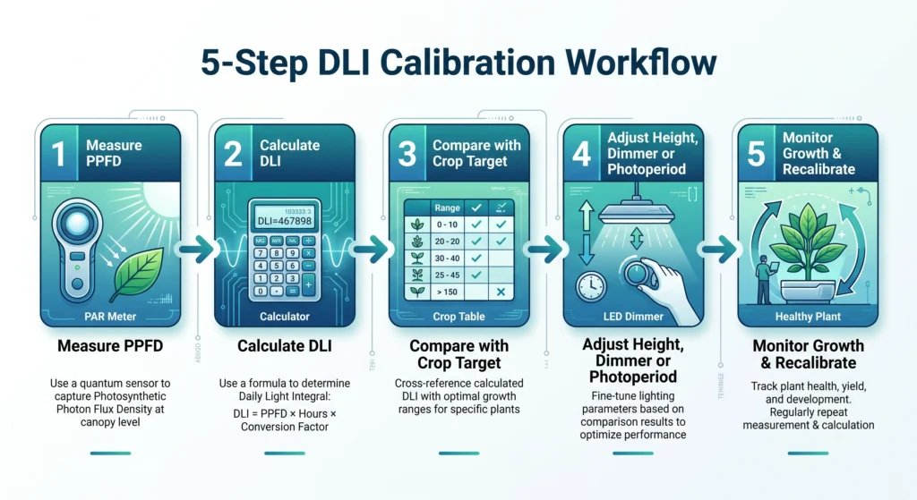 Flowchart showing the five-step process for measuring PPFD, calculating DLI, comparing crop targets, adjusting lighting, and monitoring plant growth.