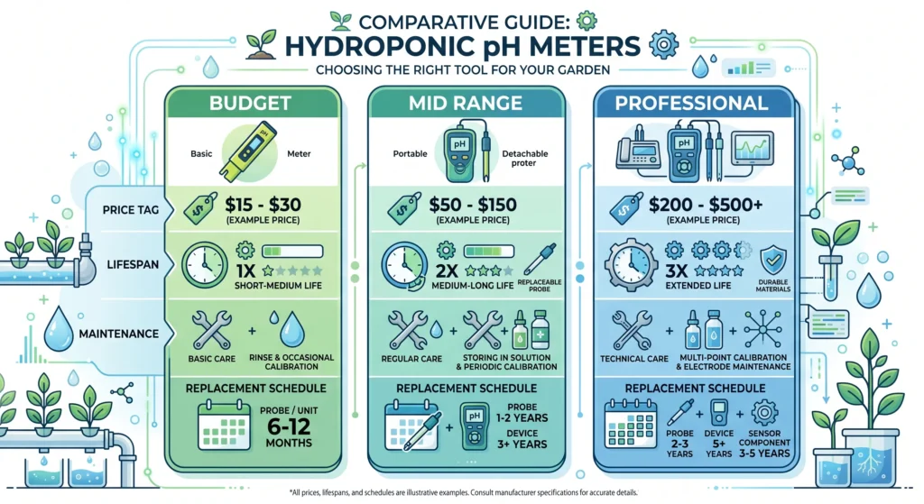 The Ultimate Hydroponic pH Meter Guide: Anatomy of a $1,200 Mistake 13 Visual comparison of long term ownership cost for budget mid range and professional hydroponic pH meters