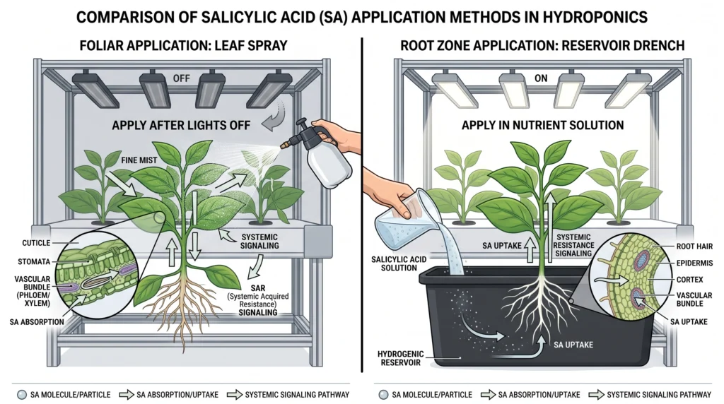 Comparison of foliar aspirin spray and root zone salicylic acid application in hydroponic plants