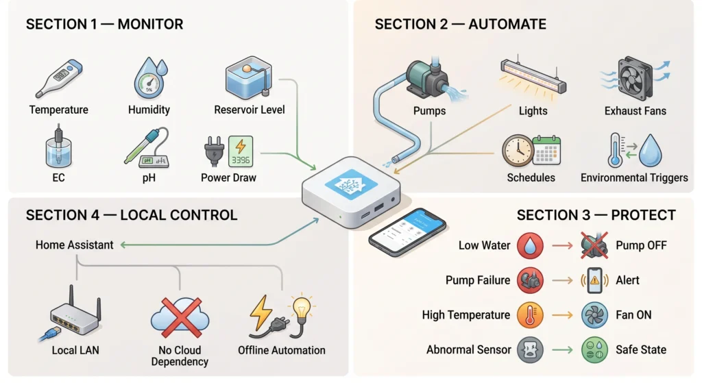 Home Assistant Hydroponics: Advanced Smart-Garden Automation Deep-Dive 1 Infographic showing Home Assistant hydroponics functions: monitoring, automation, fail-safe protection, and local offline control.