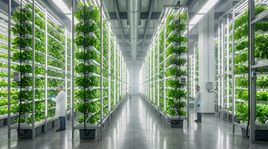 Healthy commercial vertical hydroponic farm using optimized inter-canopy LED lighting for uniform crop growth from top to bottom.