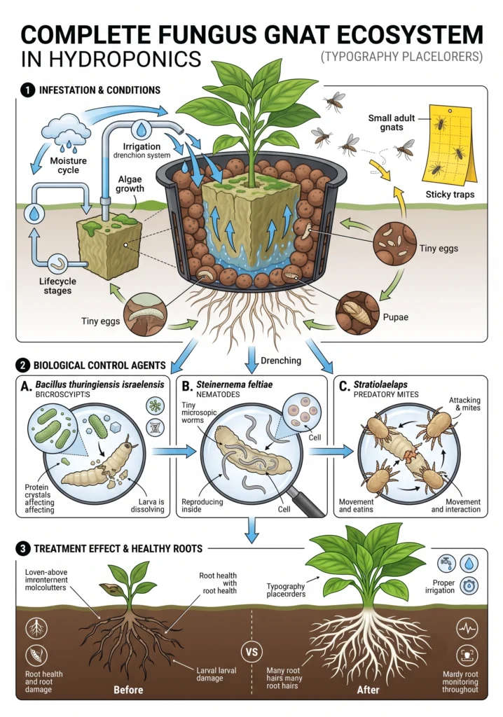 Infographic showing fungus gnat infestation process and biological control methods in hydroponics
