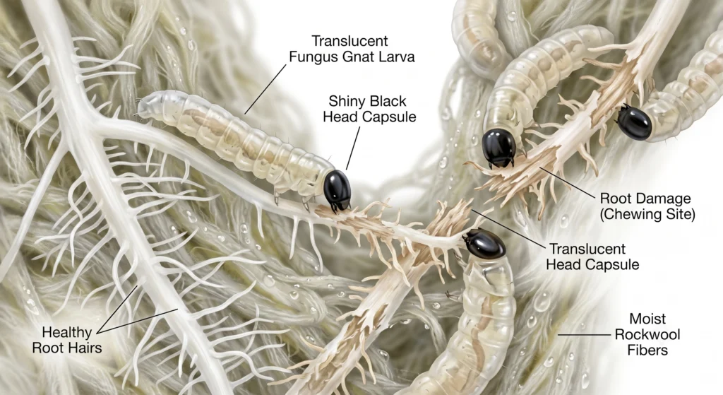 Macro view of fungus gnat larvae eating delicate hydroponic root hairs