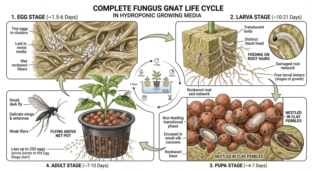 Complete fungus gnat life cycle from egg to adult in hydroponic media