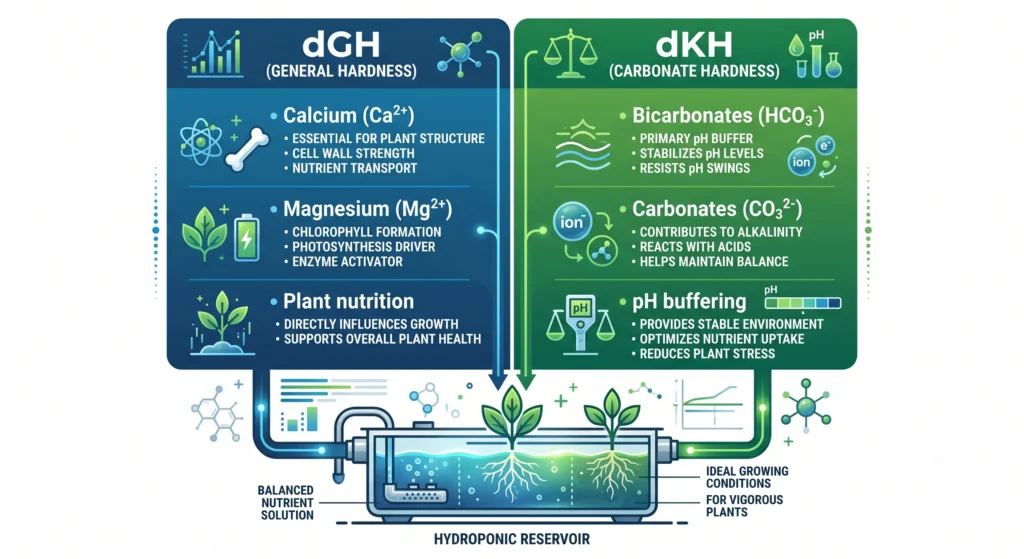 Infographic explaining the difference between dGH and dKH in hydroponic water chemistry