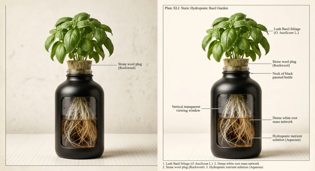 hydroponic bottle garden | Glass bottle painted black with a healthy basil plant growing out of the top