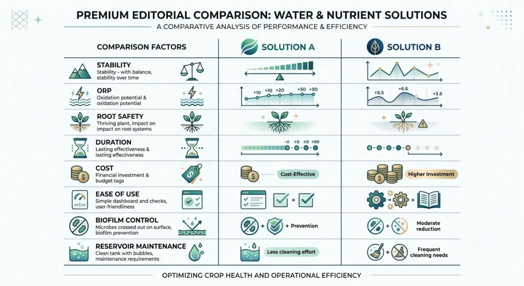Comparison of hypochlorous acid and hydrogen peroxide for hydroponic root rot treatment.