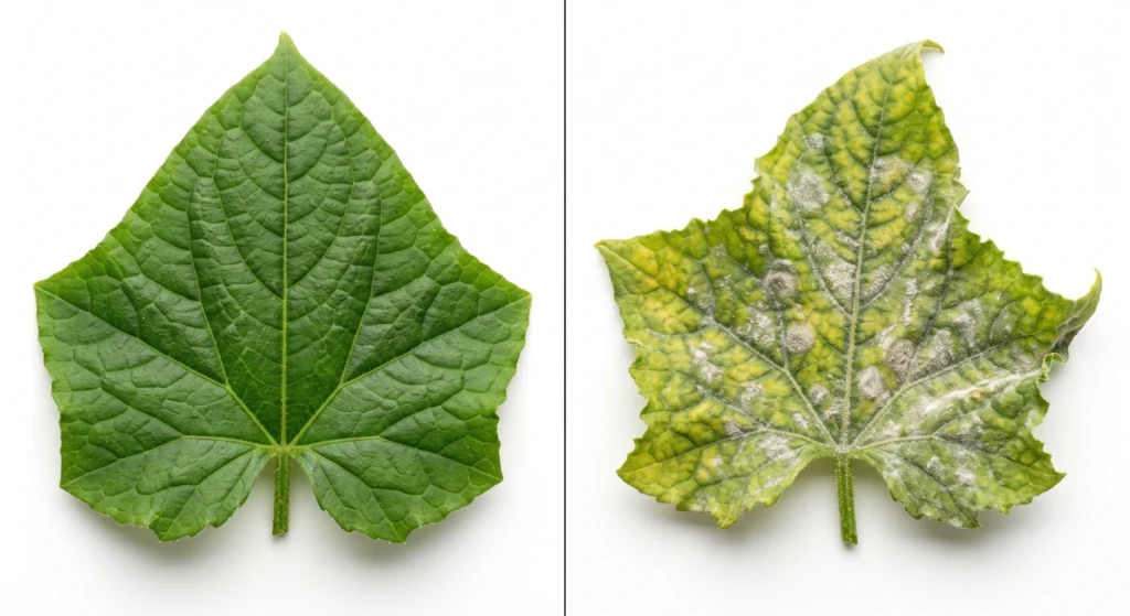 Powdery Mildew Prevention in High-Humidity Grow Tents: The Ultimate Eradication Guide 2 Comparison of a healthy hydroponic leaf and a leaf infected with powdery mildew.