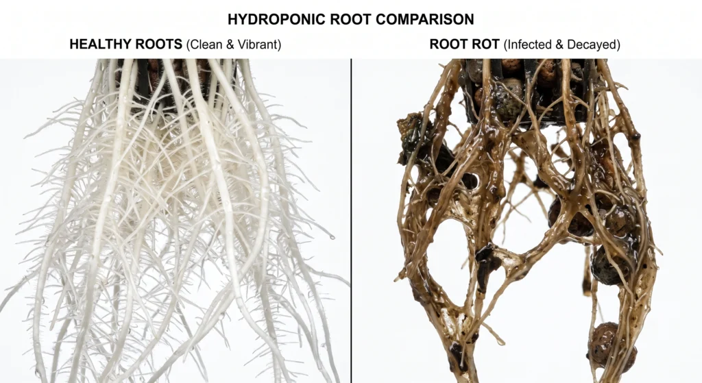 Side-by-side comparison of healthy white hydroponic roots and roots damaged by Pythium.