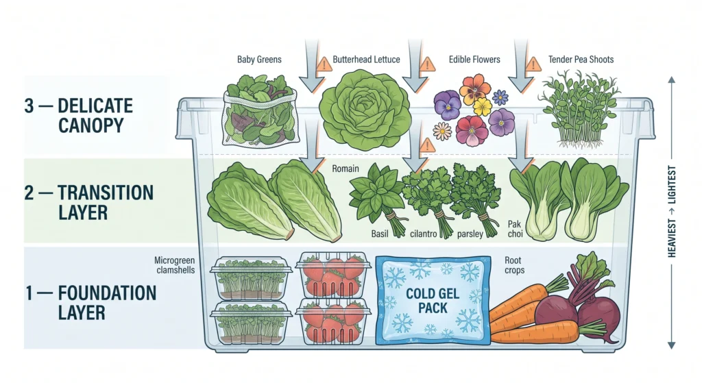 Three-layer hydroponic produce packing diagram showing heavy items at the bottom, supportive crops in the middle, and delicate greens on top.