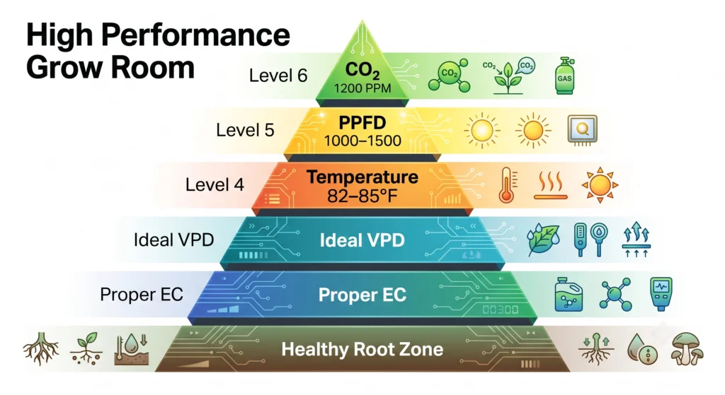 Environmental pyramid showing the relationship between healthy roots, nutrient EC, VPD, temperature, PPFD, and CO₂.