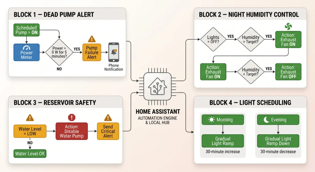 Home Assistant Hydroponics: Advanced Smart-Garden Automation Deep-Dive 5 Flowchart showing Home Assistant automation rules for pump failure, night humidity, reservoir low level, and grow-light scheduling.