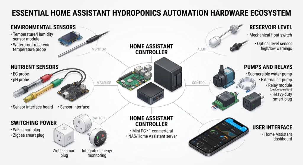 Home Assistant Hydroponics: Advanced Smart-Garden Automation Deep-Dive 3 Technical infographic showing smart plugs, temperature sensors, reservoir level sensors, pumps, relays, EC and pH sensor boards, and Raspberry Pi Home Assistant hardware.