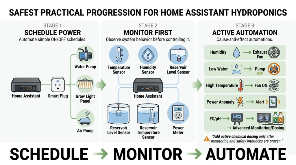 Home Assistant Hydroponics: Advanced Smart-Garden Automation Deep-Dive 4 Three-stage infographic showing hydroponic automation progressing from smart-plug scheduling to sensor monitoring and finally active trigger-based control.