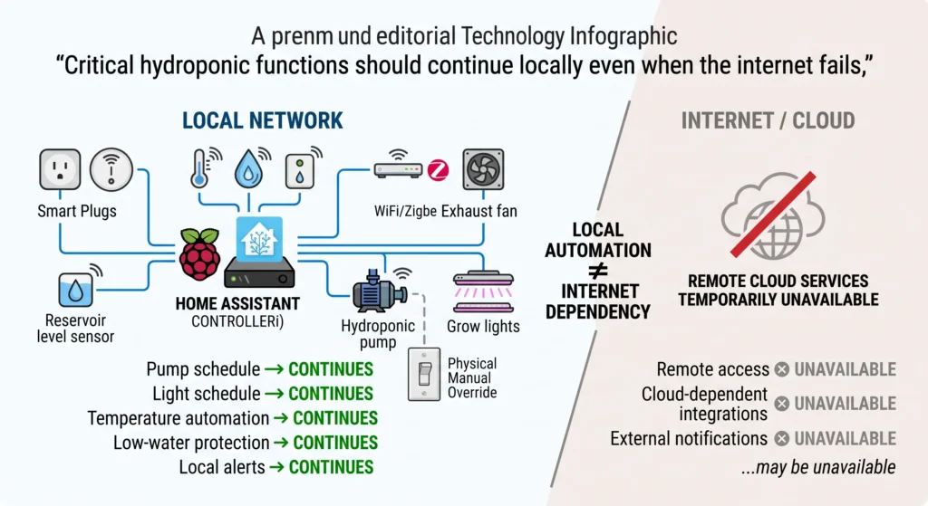Home Assistant Hydroponics: Advanced Smart-Garden Automation Deep-Dive 12 Infographic showing a hydroponic Home Assistant system continuing local pump and lighting automation during an internet outage while cloud-dependent features become unavailable.