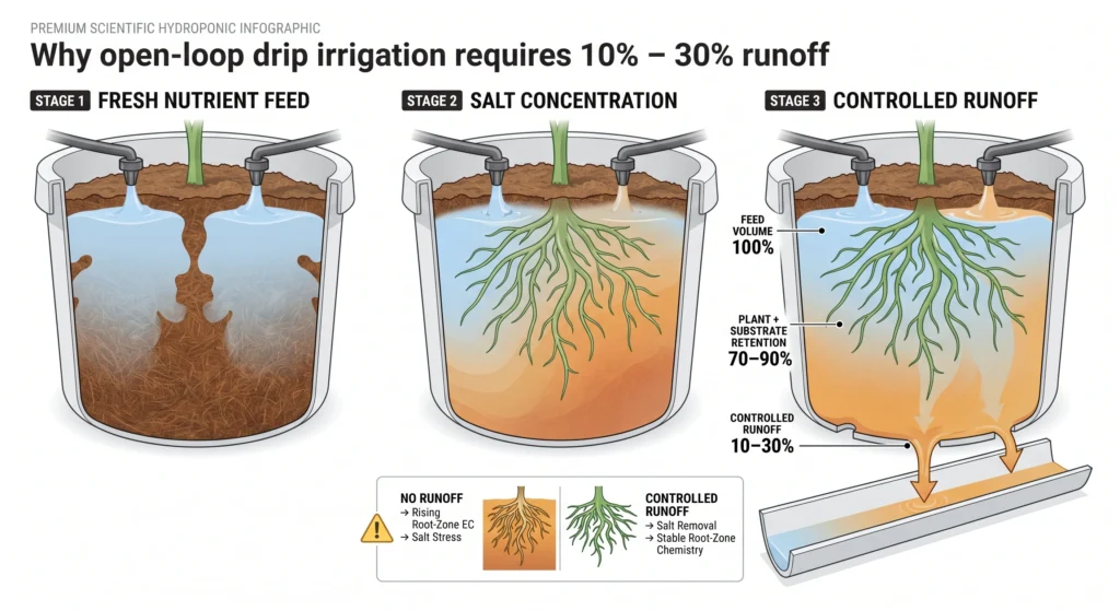 Root-zone cutaway infographic showing fresh nutrient solution entering coco coir, plant uptake concentrating salts, and controlled runoff flushing excess nutrient salts from the bottom of the container.