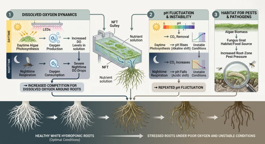 Stop Algae in Hydroponic Tubing & NFT Channels 2 Diagram showing algae causing dissolved oxygen depletion, pH fluctuations, and pest habitat in hydroponic systems