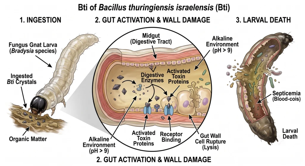 Scientific illustration showing Bti destroying fungus gnat larvae