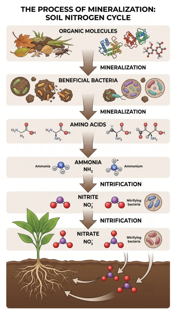 Scientific infographic showing beneficial bacteria breaking down complex organic nutrients into plant-available nitrate, phosphate, potassium, and micronutrients inside an organic hydroponic system.