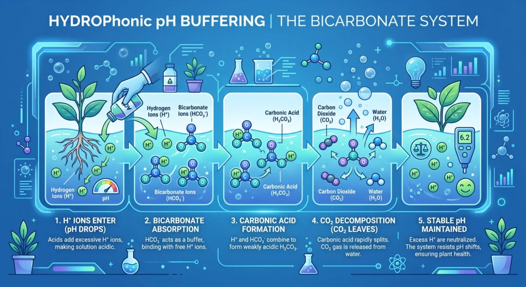 Diagram showing bicarbonates neutralizing hydrogen ions to stabilize hydroponic reservoir pH