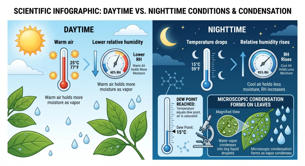 Powdery Mildew Prevention in High-Humidity Grow Tents: The Ultimate Eradication Guide 14 Illustration explaining how nighttime cooling causes condensation and increases powdery mildew risk.