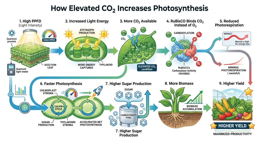Scientific diagram showing how elevated carbon dioxide allows RuBisCO to increase photosynthesis under high PPFD lighting.