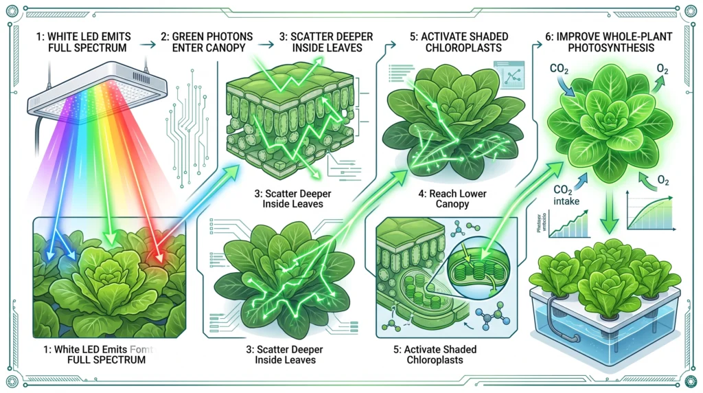 Educational infographic summarizing how green light penetrates dense canopies, activates shaded chloroplasts, improves lower-leaf photosynthesis, and supports more uniform plant growth under full-spectrum LED lighting.