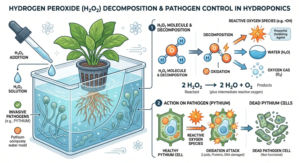 Illustration showing hydrogen peroxide releasing reactive oxygen to destroy pathogens.