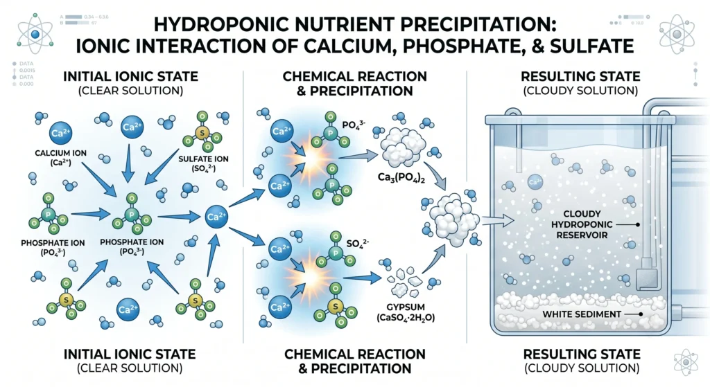 Scientific illustration showing calcium ions reacting with phosphate and sulfate ions to form insoluble precipitates inside a hydroponic reservoir, causing nutrient lockout.