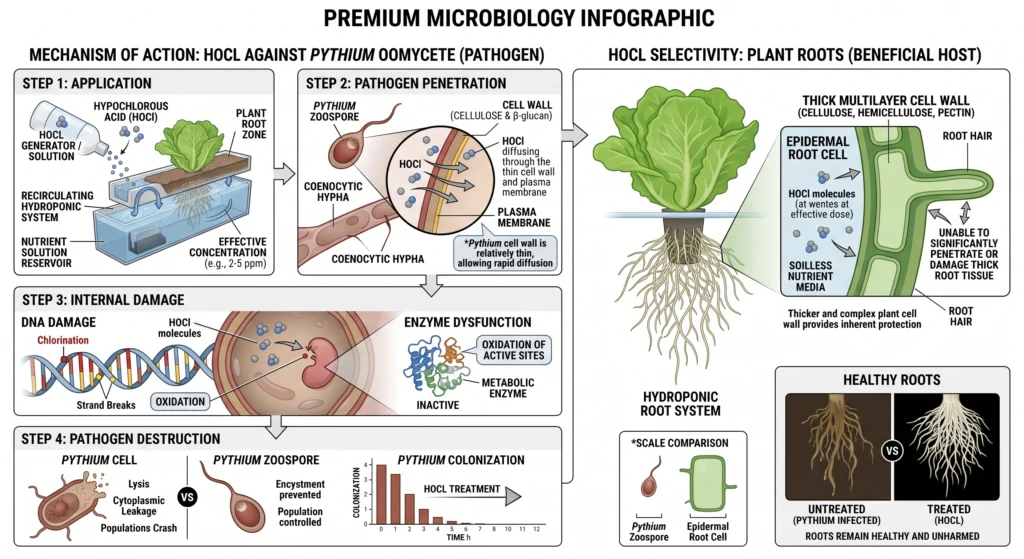 Diagram showing hypochlorous acid penetrating pathogen cells and disrupting metabolic processes.