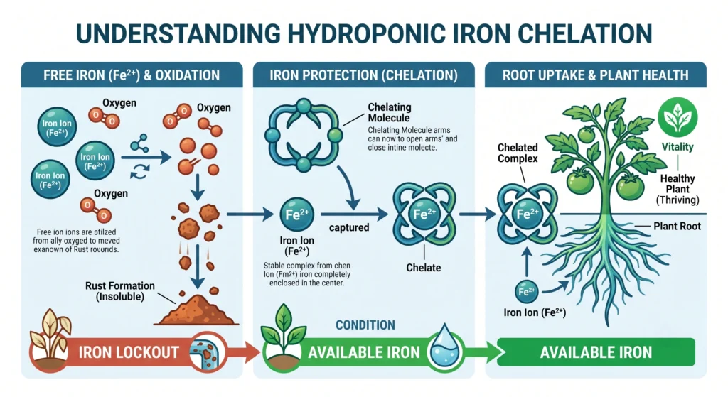 Iron Chelate Selection: DTPA vs EDDHA vs EDTA by pH Level 1 Scientific diagram showing chelated iron protecting iron ions from oxidation in hydroponic nutrient solution
