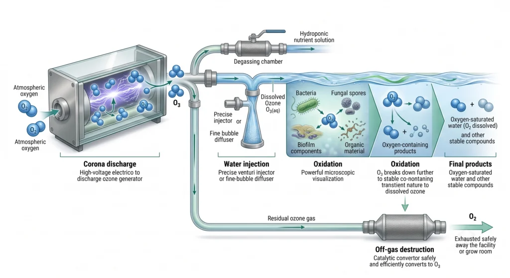 Diagram showing ozone generation, injection, oxidation, and oxygen conversion in hydroponic water