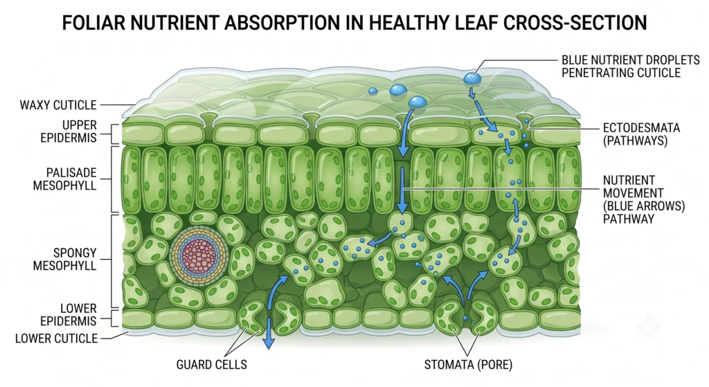 Foliar Feeding Hydroponics: Maximizing Micro-Nutrient Absorption Rates 1 Scientific cross-sectional illustration showing foliar nutrient absorption through the leaf cuticle, ectodesmata, epidermal cells, and open stomata.