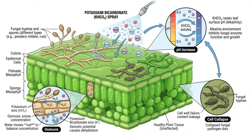 Powdery Mildew Prevention in High-Humidity Grow Tents: The Ultimate Eradication Guide 6 Diagram showing potassium bicarbonate disrupting powdery mildew cells through alkaline pH and osmotic stress.