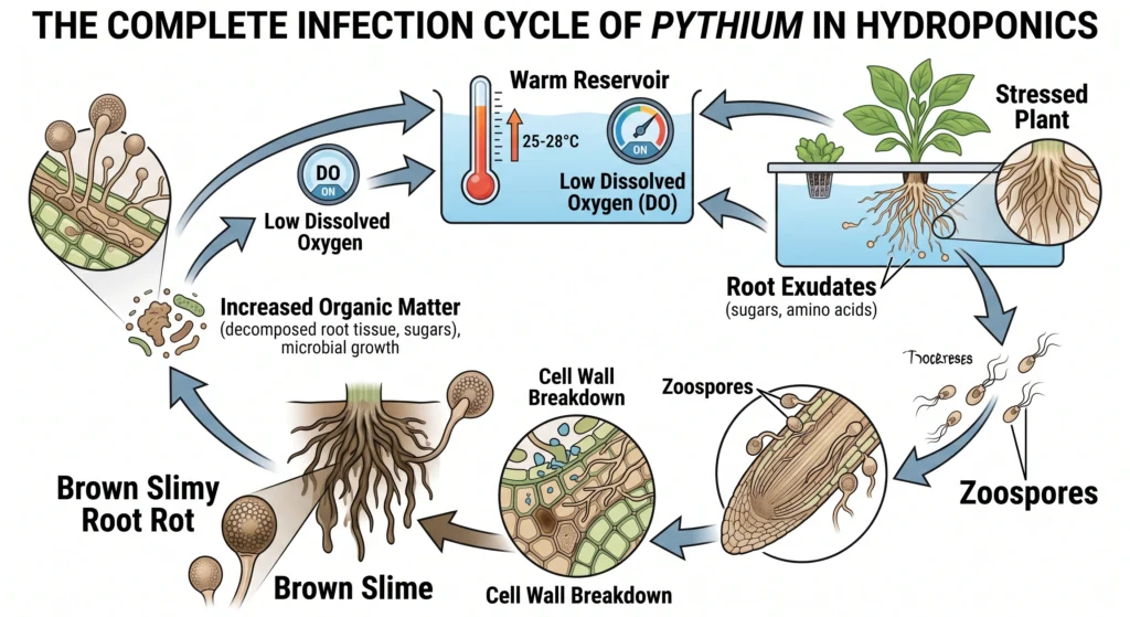 Diagram showing how Pythium zoospores infect stressed hydroponic roots.