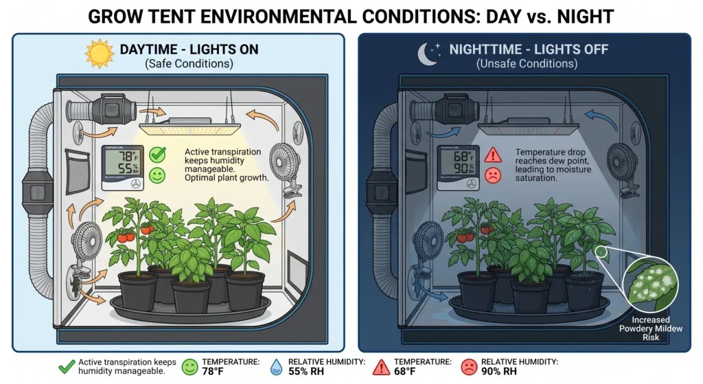 Powdery Mildew Prevention in High-Humidity Grow Tents: The Ultimate Eradication Guide 15 Illustration showing daytime and nighttime humidity changes inside a grow tent and their effect on powdery mildew risk.