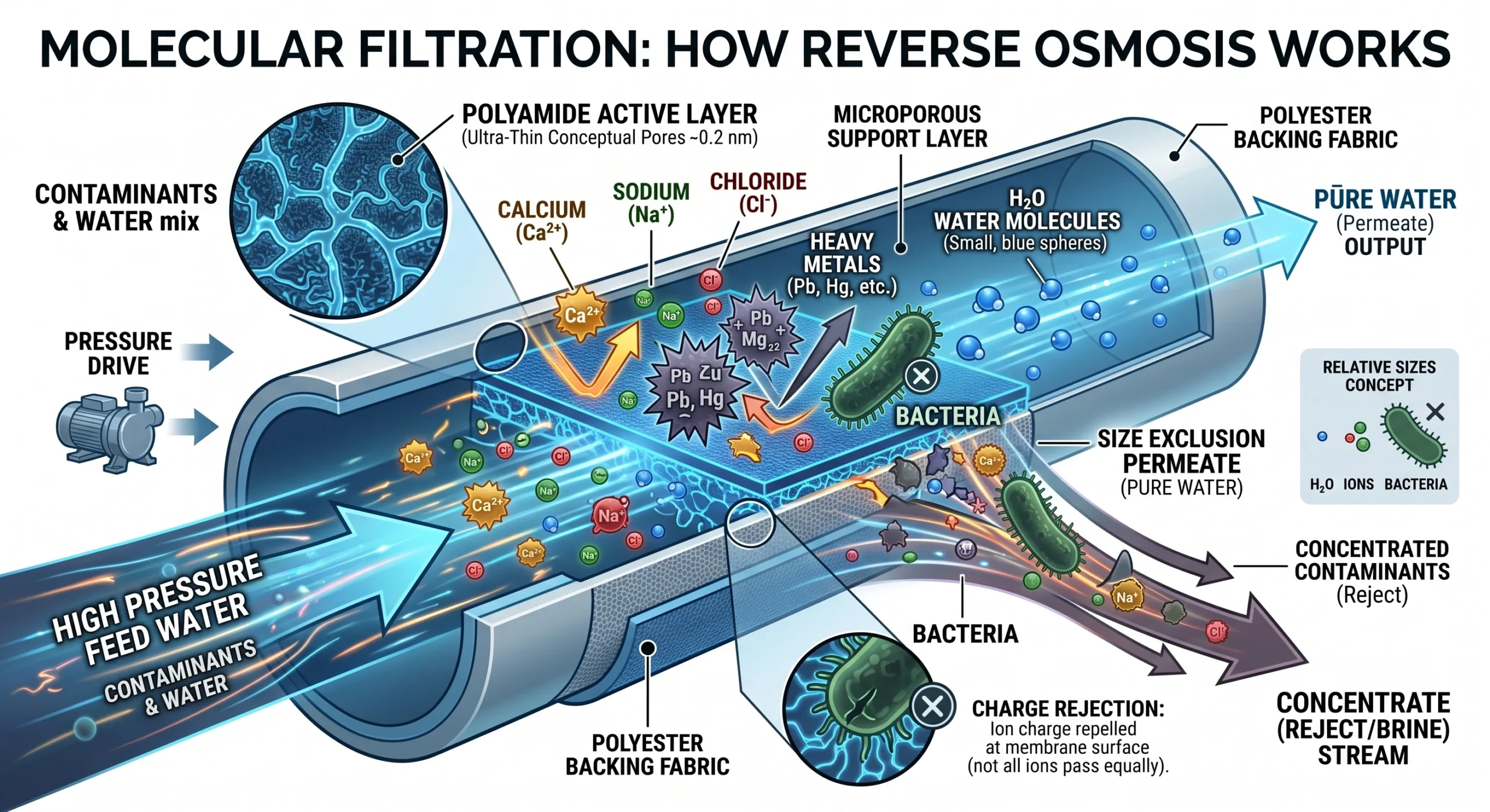 Cross-sectional illustration of a reverse osmosis membrane filtering calcium, sodium, chloride, heavy metals, and other dissolved solids.