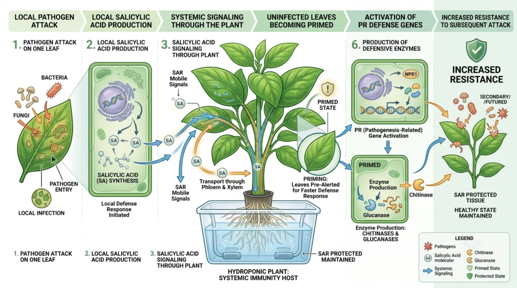 Diagram showing salicylic acid signaling from an infected leaf to systemic plant defenses